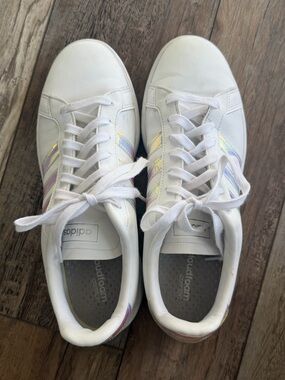 adidas White Grand Court Sneakers with Iridescent Stripes women’s sz 11